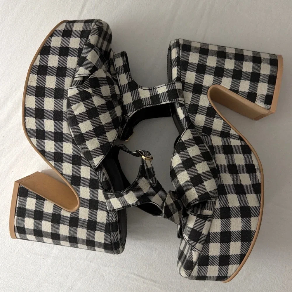 Seychelles New American Black White Gingham Platform Sandals Bow Block Heel 10